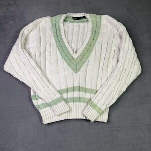 Vintage Lizsport Liz Claiborne Cable Knit Sweater V-Neck White Green Size Medium